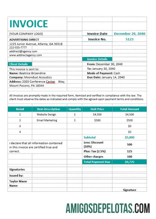 para download Modelo de fatura de agência profissional